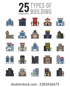 25 Types of Building  icons Pack vector illustration.
