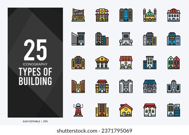 25 Types Of Building Lineal Color icons pack. vector illustration.