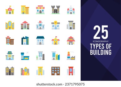 25 Types Of Building Lineal Color icons pack. vector illustration.