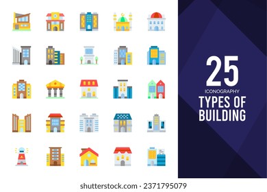 25 Types Of Building Lineal Color icons pack. vector illustration.