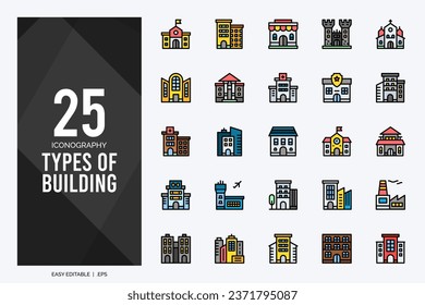 25 Types Of Building Lineal Color icons pack. vector illustration.