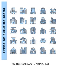 25 tipos de construcción de dos colores paquete de iconos. Ilustración vectorial.