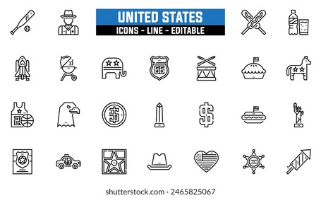 25 united states icons set, vector line, editable stroke.