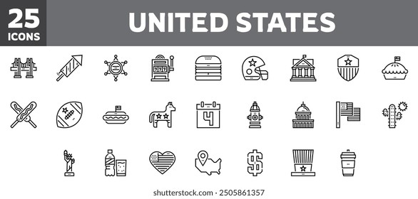 25 united states icons set, vector line, editable stroke.