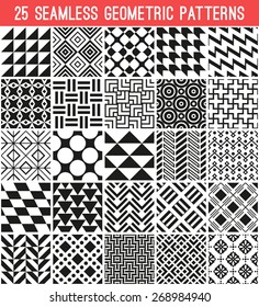 25 Universal different vector patterns. Endless texture can be used for wallpaper, pattern fills, web page background,surface textures. Set of monochrome geometric ornaments.