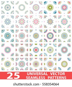 25 universal different vector seamless patterns (tiling). Endless texture can be used for wallpaper, pattern fills, web page background, surface textures. Set modern design ornament