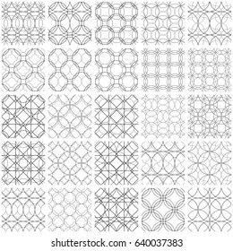 25 Universal different vector seamless patterns. Endless texture can be used for wallpaper, pattern fills, web page background,surface textures. Set of monochrome geometric ornaments.