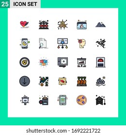 25 Universal Filled line Flat Colors Set for Web and Mobile Applications mountain; landscape; molecular; hill; festival Editable Vector Design Elements
