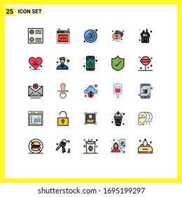 25 colores planos de línea rellenados universales configurados para el incendio de aplicaciones web y móviles; transceptor de radio; correo electrónico; radio policial; elementos de diseño de vectores editables para el corazón
