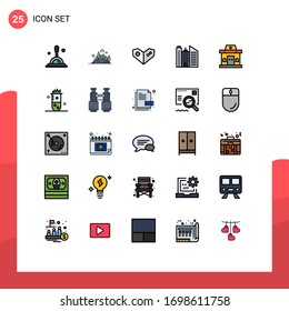 25 colores planos de línea rellenados universales establecidos para aplicaciones web y móviles urbanas; oficina; gamepad; construcción; elementos de diseño de vectores editables para empresas