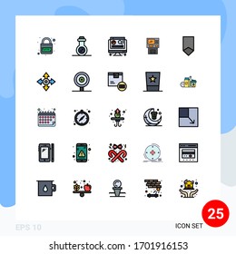 25 Colores planos de línea rellenados universales configurados para la máquina de aplicaciones Web y móviles; dispensador; ordenador; cashpoint; elementos de diseño de vectores editables de bankomat