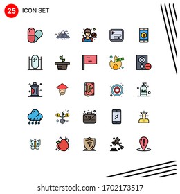 25 carteles universales de color plano de línea llena Símbolos de móvil; bandera; avatar; ruta de dirección; mapas Elementos de diseño de vectores editables