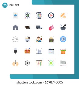 25 Universal Flat Color Signs Symbols of home; cake; handwatch; baguette; play Editable Vector Design Elements
