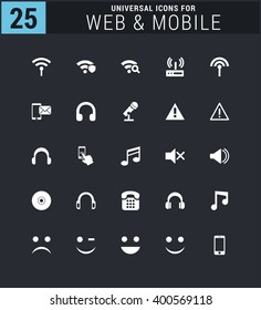 25 Universal icon set. simple pictogram minimal, flat, solid, mono, monochrome, plain, contemporary style. Vector illustration web internet design elements