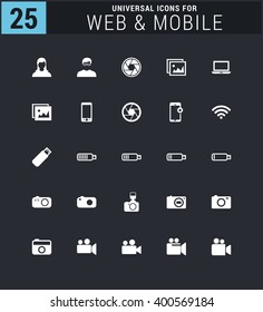 25 Universal icon set. simple pictogram minimal, flat, solid, mono, monochrome, plain, contemporary style. Vector illustration web internet design elements
