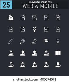 25 Universal icon set. simple pictogram minimal, flat, solid, mono, monochrome, plain, contemporary style. Vector illustration web internet design elements
