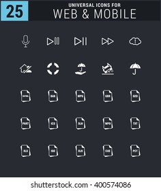 25 Universal icon set. simple pictogram minimal, flat, solid, mono, monochrome, plain, contemporary style. Vector illustration web internet design elements
