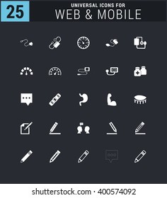 25 Universal icon set. simple pictogram minimal, flat, solid, mono, monochrome, plain, contemporary style. Vector illustration web internet design elements
