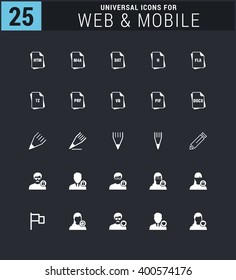 25 Universal icon set. simple pictogram minimal, flat, solid, mono, monochrome, plain, contemporary style. Vector illustration web internet design elements
