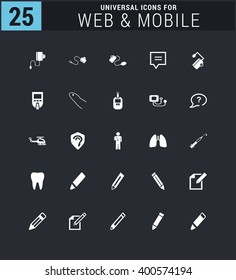 25 Universal icon set. simple pictogram minimal, flat, solid, mono, monochrome, plain, contemporary style. Vector illustration web internet design elements

