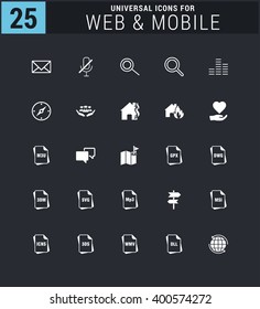 25 Universal icon set. simple pictogram minimal, flat, solid, mono, monochrome, plain, contemporary style. Vector illustration web internet design elements
