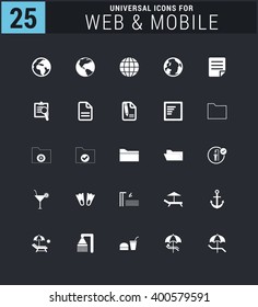 25 Universal icon set. simple pictogram minimal, flat, solid, mono, monochrome, plain, contemporary style. Vector illustration web internet design elements
