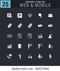 25 Universal icon set. simple pictogram minimal, flat, solid, mono, monochrome, plain, contemporary style. Vector illustration web internet design elements
