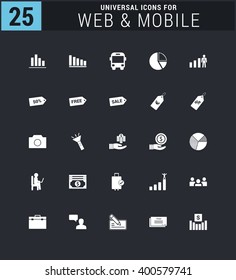 25 Universal icon set. simple pictogram minimal, flat, solid, mono, monochrome, plain, contemporary style. Vector illustration web internet design elements

