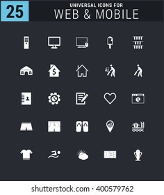 25 Universal icon set. simple pictogram minimal, flat, solid, mono, monochrome, plain, contemporary style. Vector illustration web internet design elements
