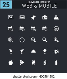 25 Universal icon set. simple pictogram minimal, flat, solid, mono, monochrome, plain, contemporary style. Vector illustration web internet design elements
