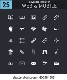 25 Universal icon set. simple pictogram minimal, flat, solid, mono, monochrome, plain, contemporary style. Vector illustration web internet design elements
