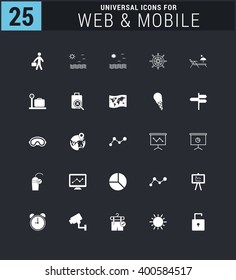 25 Universal icon set. simple pictogram minimal, flat, solid, mono, monochrome, plain, contemporary style. Vector illustration web internet design elements
