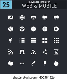 25 Universal icon set. simple pictogram minimal, flat, solid, mono, monochrome, plain, contemporary style. Vector illustration web internet design elements

