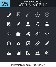 25 Universal icon set. simple pictogram minimal, flat, solid, mono, monochrome, plain, contemporary style. Vector illustration web internet design elements
