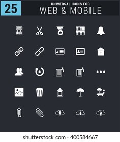 25 Universal icon set. simple pictogram minimal, flat, solid, mono, monochrome, plain, contemporary style. Vector illustration web internet design elements
