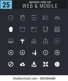 25 Universal icon set. simple pictogram minimal, flat, solid, mono, monochrome, plain, contemporary style. Vector illustration web internet design elements
