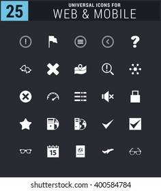 25 Universal icon set. simple pictogram minimal, flat, solid, mono, monochrome, plain, contemporary style. Vector illustration web internet design elements
