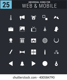 25 Universal icon set. simple pictogram minimal, flat, solid, mono, monochrome, plain, contemporary style. Vector illustration web internet design elements
