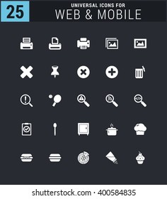 25 Universal icon set. simple pictogram minimal, flat, solid, mono, monochrome, plain, contemporary style. Vector illustration web internet design elements
