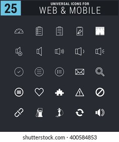 25 Universal icon set. simple pictogram minimal, flat, solid, mono, monochrome, plain, contemporary style. Vector illustration web internet design elements
