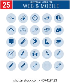 25 Universal icon set. simple pictogram minimal, flat, solid, mono, monochrome, plain, contemporary style. Vector illustration web internet design elements