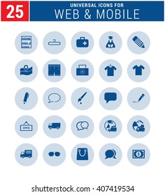 25 Universal icon set. simple pictogram minimal, flat, solid, mono, monochrome, plain, contemporary style. Vector illustration web internet design elements