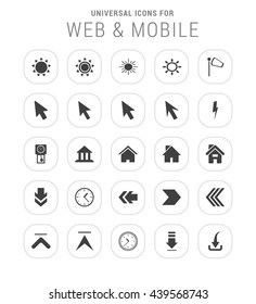 25 Universal icon set. simple pictogram minimal, flat, solid, mono, monochrome, plain, contemporary style. Vector illustration web internet design elements