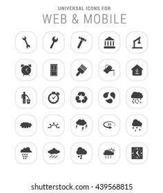 25 Universal icon set. simple pictogram minimal, flat, solid, mono, monochrome, plain, contemporary style. Vector illustration web internet design elements