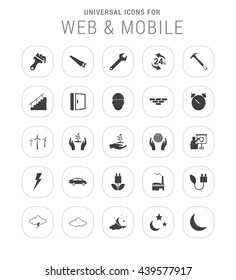 25 Universal icon set. simple pictogram minimal, flat, solid, mono, monochrome, plain, contemporary style. Vector illustration web internet design elements