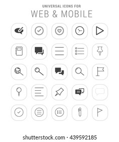 25 Universal icon set. simple pictogram minimal, flat, solid, mono, monochrome, plain, contemporary style. Vector illustration web internet design elements
