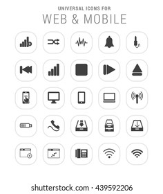25 Universal icon set. simple pictogram minimal, flat, solid, mono, monochrome, plain, contemporary style. Vector illustration web internet design elements