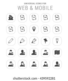 25 Universal icon set. simple pictogram minimal, flat, solid, mono, monochrome, plain, contemporary style. Vector illustration web internet design elements