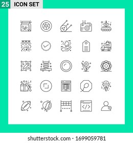 25 Universal Line Signs Symbols of summer; photo; movie; lens; space Editable Vector Design Elements