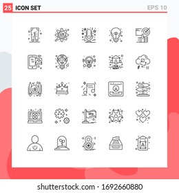 25 líneas universales para aplicaciones web y móviles buena idea; gran idea; engranaje; música; Elementos de diseño de vectores editables por micrófono